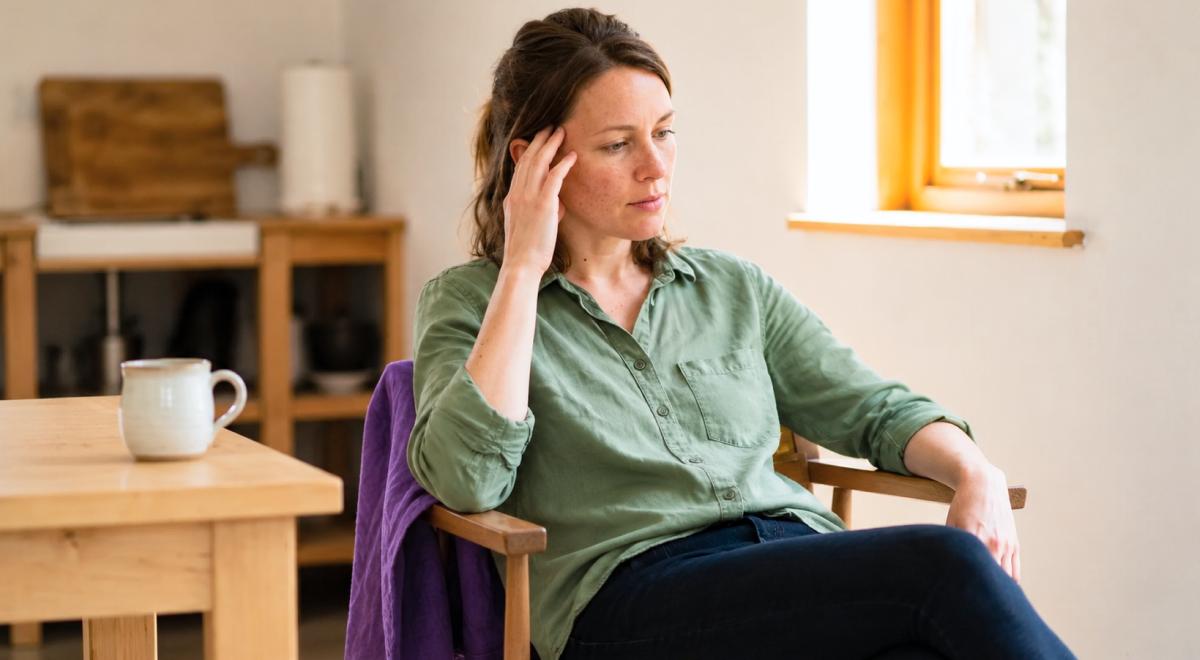 Woman in a green shirt sitting thoughtfully in a wooden chair by a window, resting her head on her hand as she tries to quiet her mind in a calm kitchen with a mug on the table