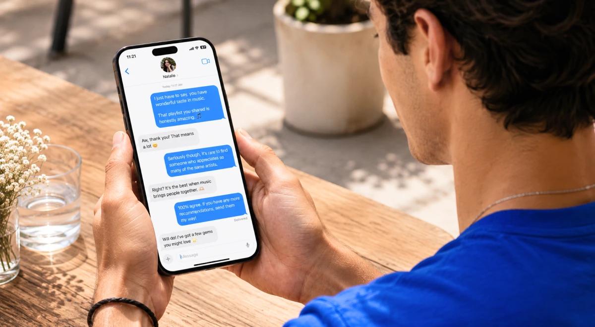 Young man in a blue t-shirt holding a smartphone showing a flirty text conversation at an outdoor café table with a glass of water nearby