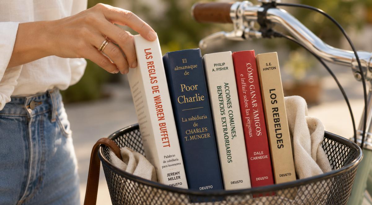Mano de mujer tomando libros de Warren Buffett de una canasta de bicicleta, entre ellos El almanaque de Poor Charlie, Cómo ganar amigos y Los rebeldes