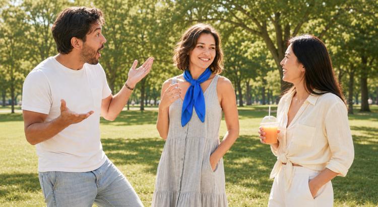 Three adults making friends as they chat and laugh together in a sunny green park, with one woman holding an orange drink and trees blurred in the background
