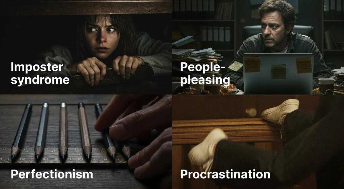 Four dark cinematic scenes representing imposter syndrome, people-pleasing, perfectionism, and procrastination as hidden fears blocking personal growth