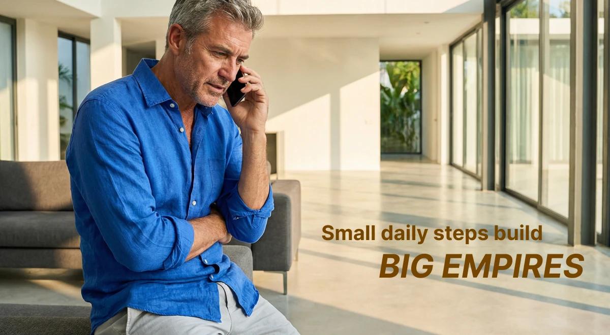 Middle-aged man in a blue shirt talking on the phone in a modern bright interior, reflecting how to become a billionaire through small daily steps