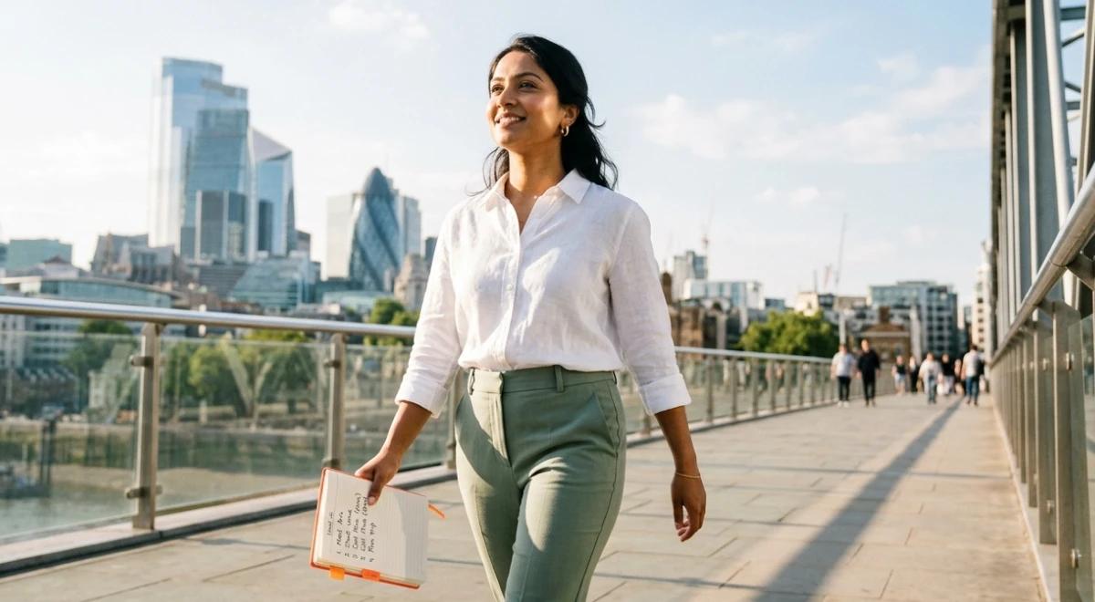 Confident woman in a white shirt and green pants walking on a city bridge holding a notebook, with a modern skyline in the background, representing micro goals in daily life