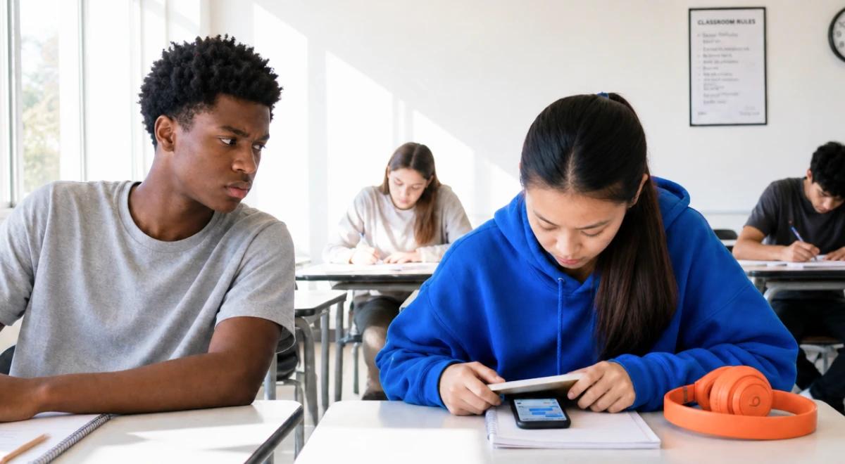 Teen student in a blue hoodie using a phone during class while a classmate looks over, with orange headphones on the desk and other students studying in a bright classroom background, illustrating an_