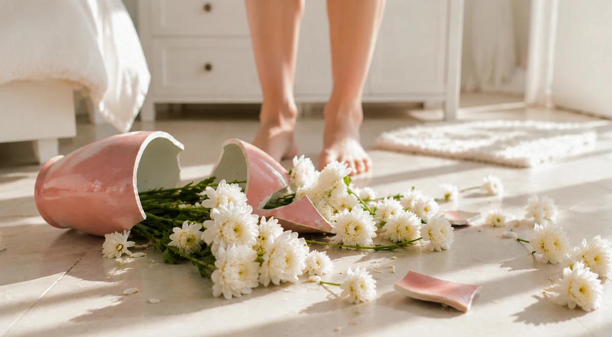 Person standing barefoot near a broken pink vase with scattered white daisies spilled on a light floor, illustrating an accidental damage moral dilemma