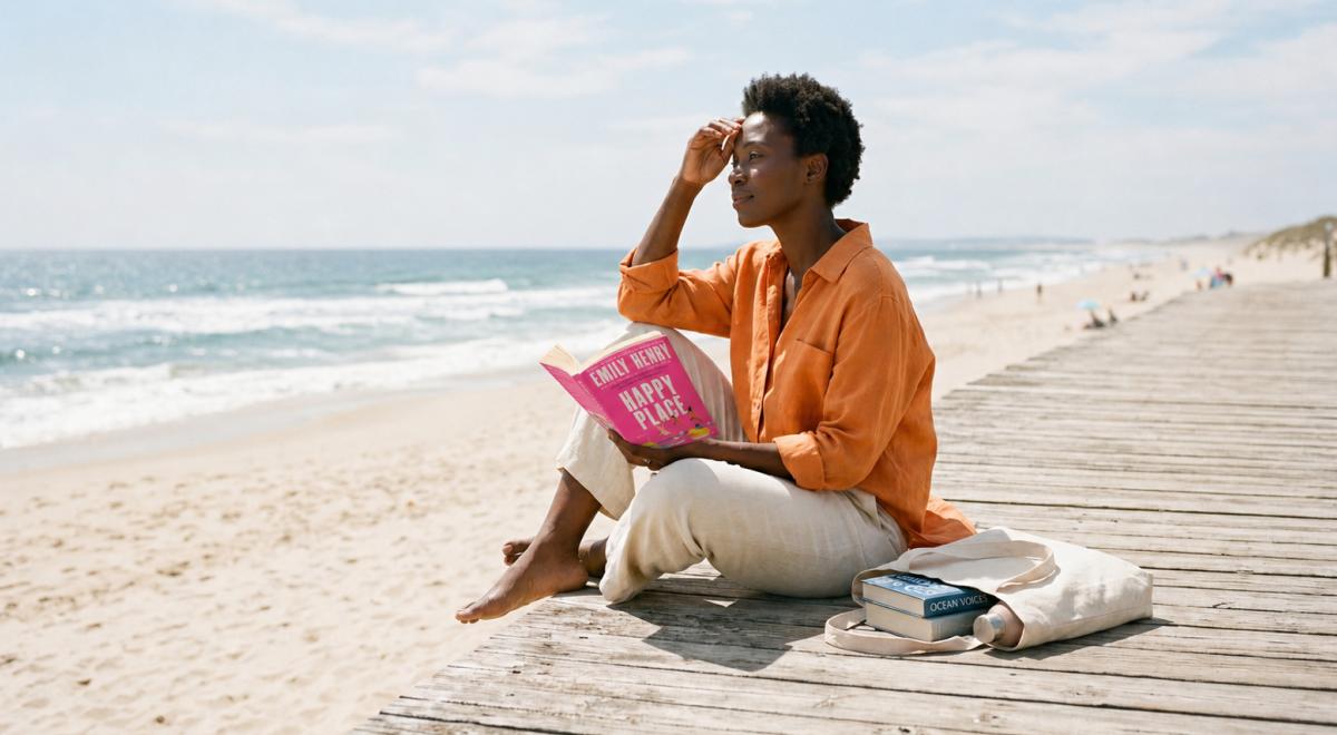Woman in an orange shirt sitting on a wooden boardwalk by the ocean reading Happy Place by Emily Henry, with beach reads and a tote bag beside her, enjoying sunny seaside relaxation