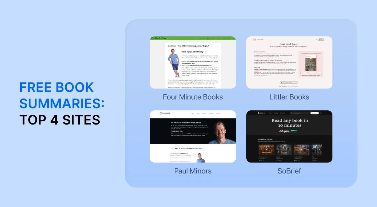 Infographic on light blue background showcasing top 4 free book summary sites_ Four Minute Books, Littler Books, Paul Minors, and SoBrief