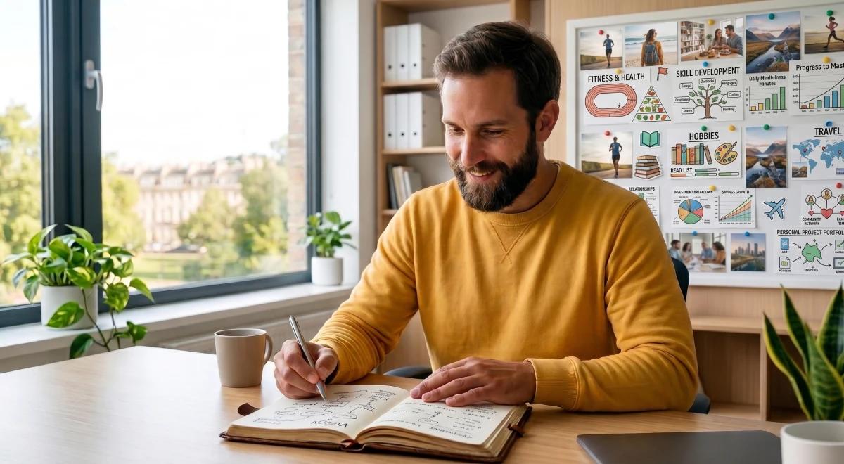 Smiling bearded man in a yellow sweater writing in a journal at a wooden desk, engaging in intrapersonal communication, with a personal development vision board visible in the background