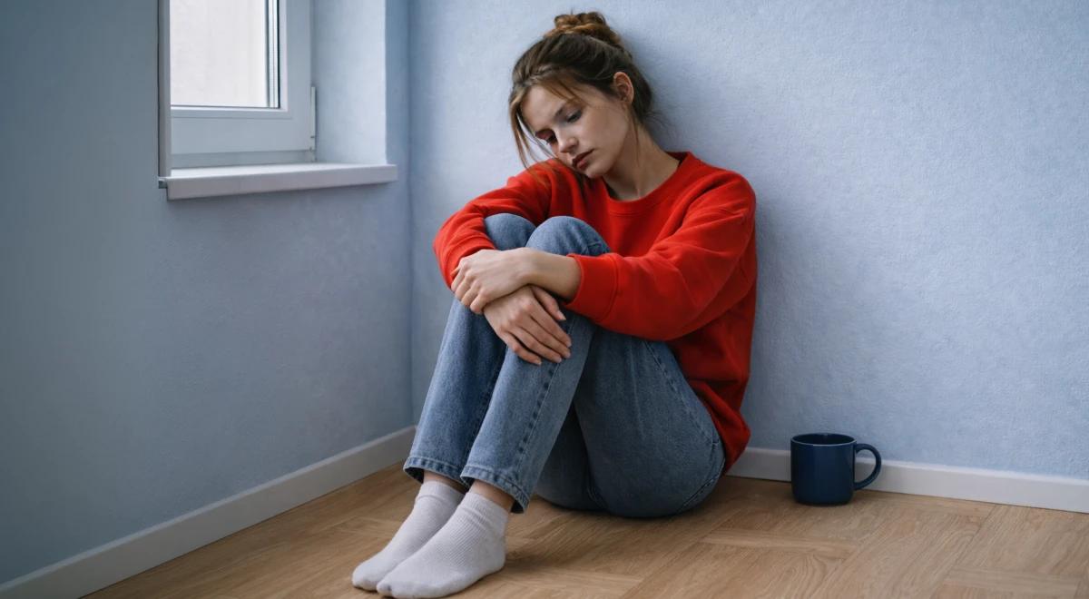 Young woman in a red sweater sitting on a floor against a gray wall hugging her knees, with a blue mug beside her, representing lack of motivation and productivity struggles
