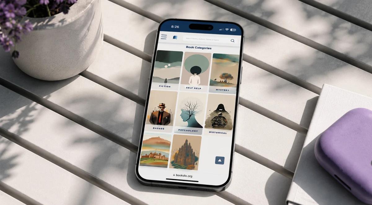 Smartphone displaying Bookdio app Book Categories screen with illustrated genre covers including Fiction, Self Help, Mystery, and Historical, placed on a white wooden surface next to a lavender plant_