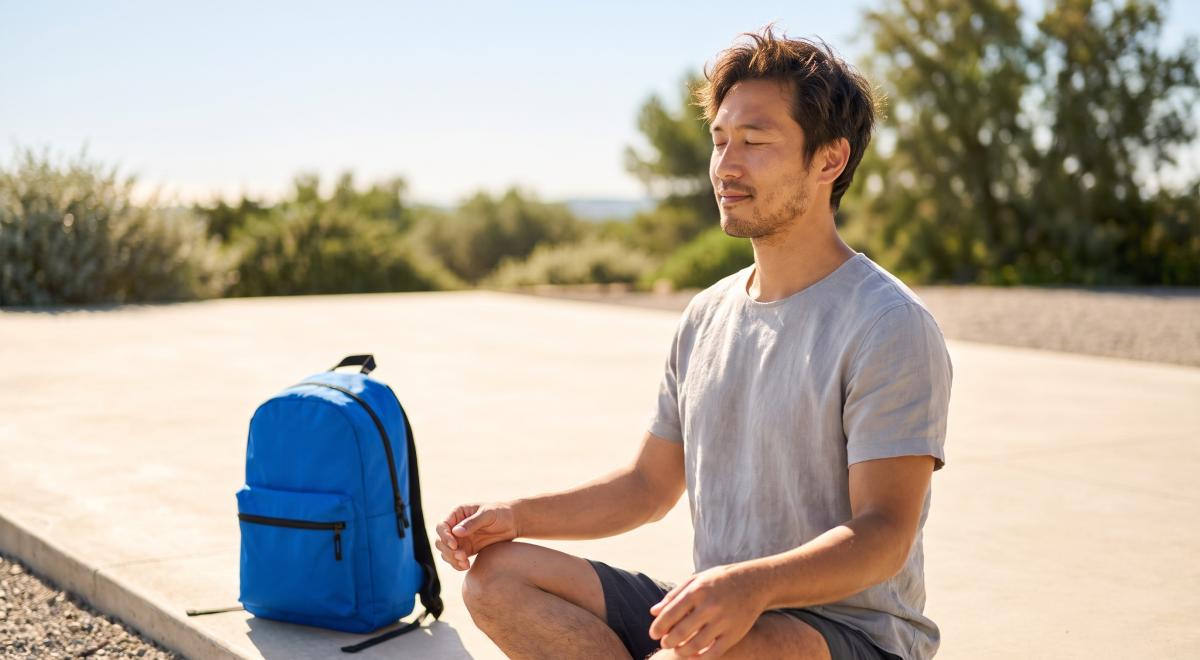 Man practicing meditation and positive affirmations outdoors, sitting cross-legged with eyes closed beside a blue backpack, surrounded by greenery under clear sunny skies