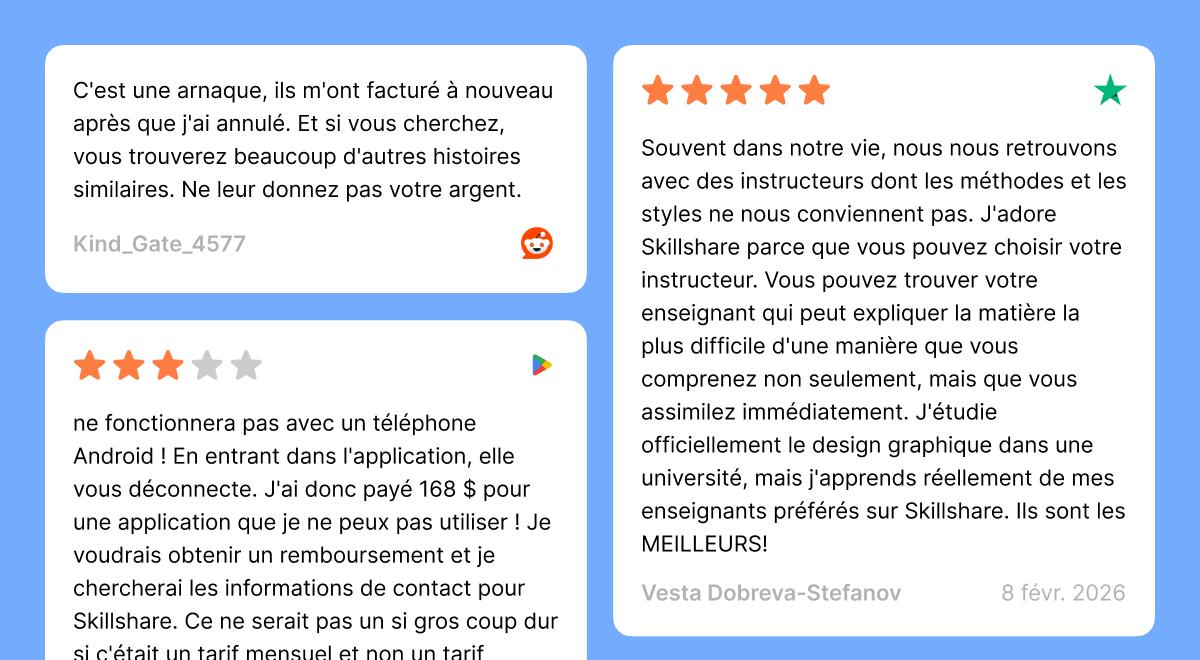 Skillshare app review cards in French on blue background, featuring Reddit and Google Play user ratings with star scores