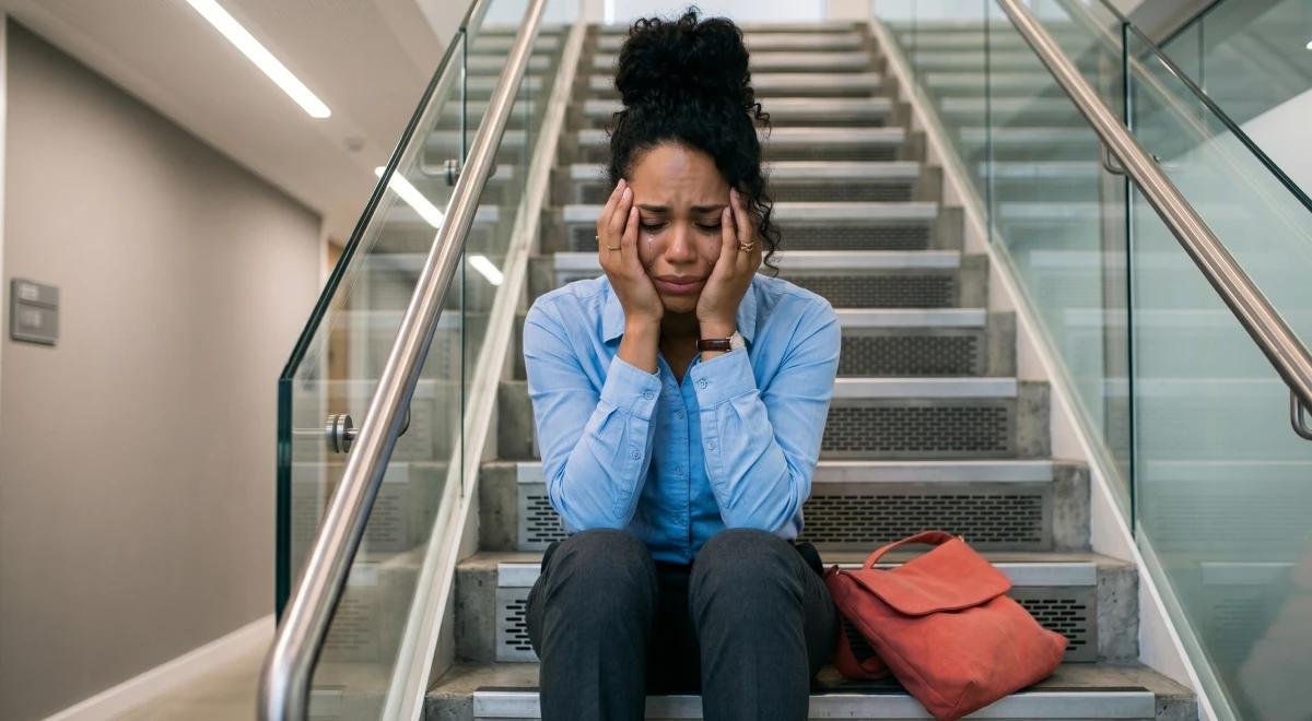 _Stressed young Black woman sitting on indoor stairs with head in hands, struggling with emotional burden before trauma release