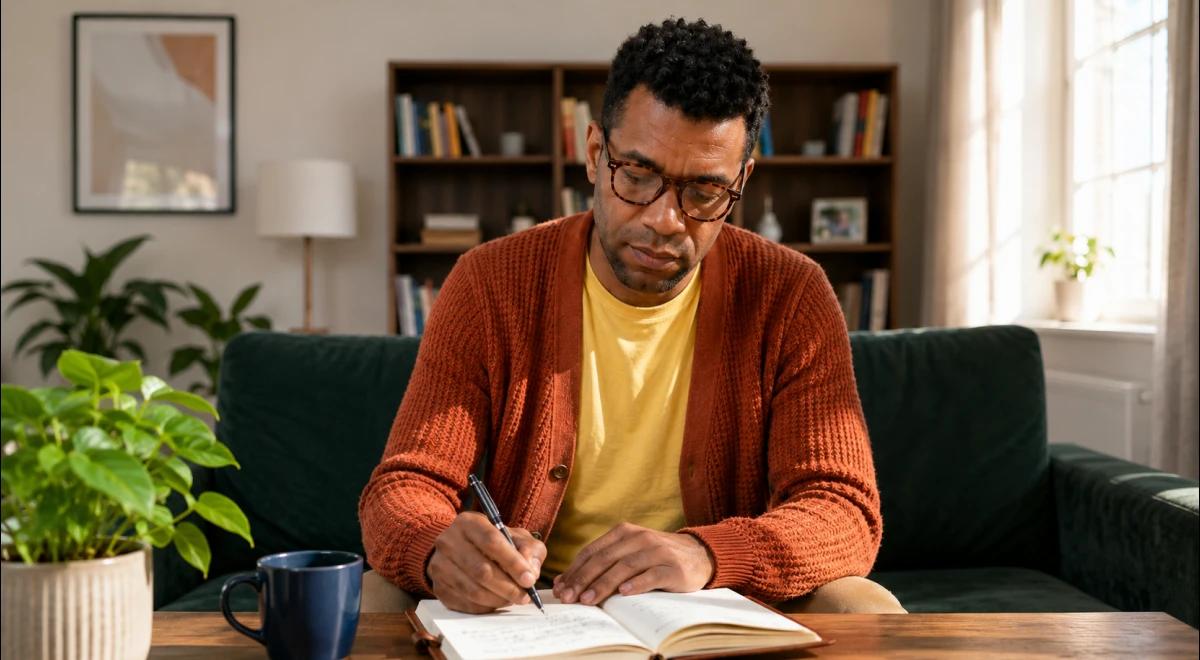 Black man in glasses and a rust orange cardigan journaling in a notebook at a wooden table in a cozy living room with bookshelves and green plants in the background