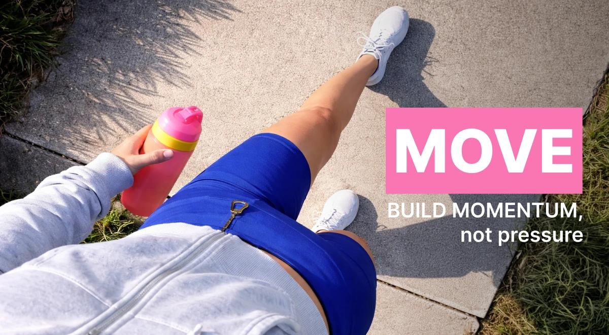 Top-down view of a person in blue leggings and white sneakers sitting outdoors on pavement with a pink water bottle, embracing a growth mindset through movement