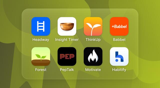 Collection of the best apps for motivation including Headway, Insight Timer, ThinkUp, Babbel, Forest, PepTalk, Motivate and Habitify displayed on a green background