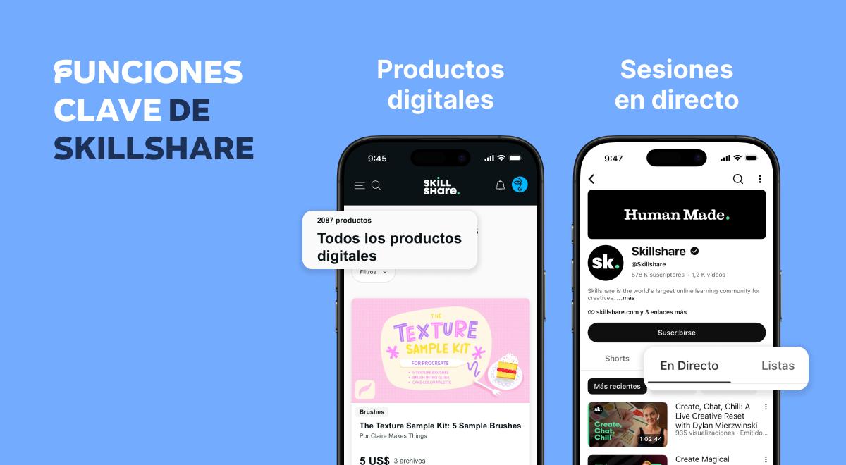 Reseña de Skillshare mostrando dos móviles con productos digitales y sesiones en directo del canal de YouTube, sobre fon