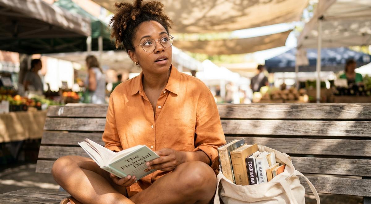 Woman with coily hair and glasses reading _The Financial Diet_ paperback cross-legged at sunny outdoor market, canvas tote of best books for beginners beside her, warm golden light 1
