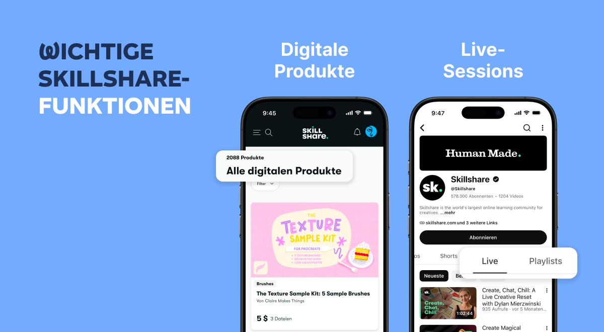 Zwei Smartphones im Skillshare-Testbericht zeigen digitale Produkte wie das Texture Sample Kit sowie Live-Sessions mit k