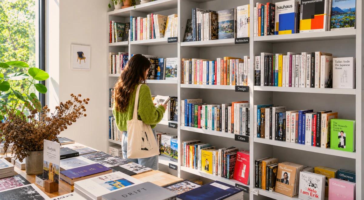 Woman with a tote bag browsing nonfiction books in a bright bookstore with large white shelves filled with colorful books