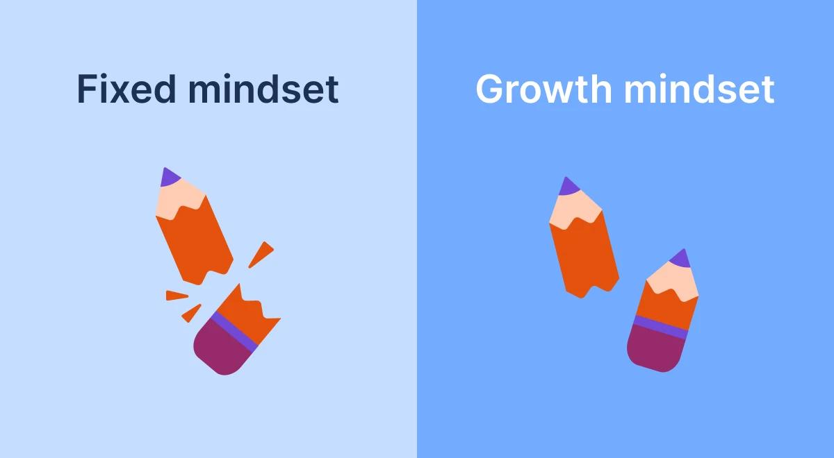 Split illustration comparing fixed mindset with a broken red pencil and growth mindset with two pencils on light blue backgrounds, self-improvement concept