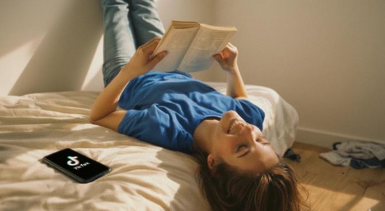 Smiling woman in a blue top lying on a bed reading a book with a TikTok phone beside her, exploring booktok books and book recommendations