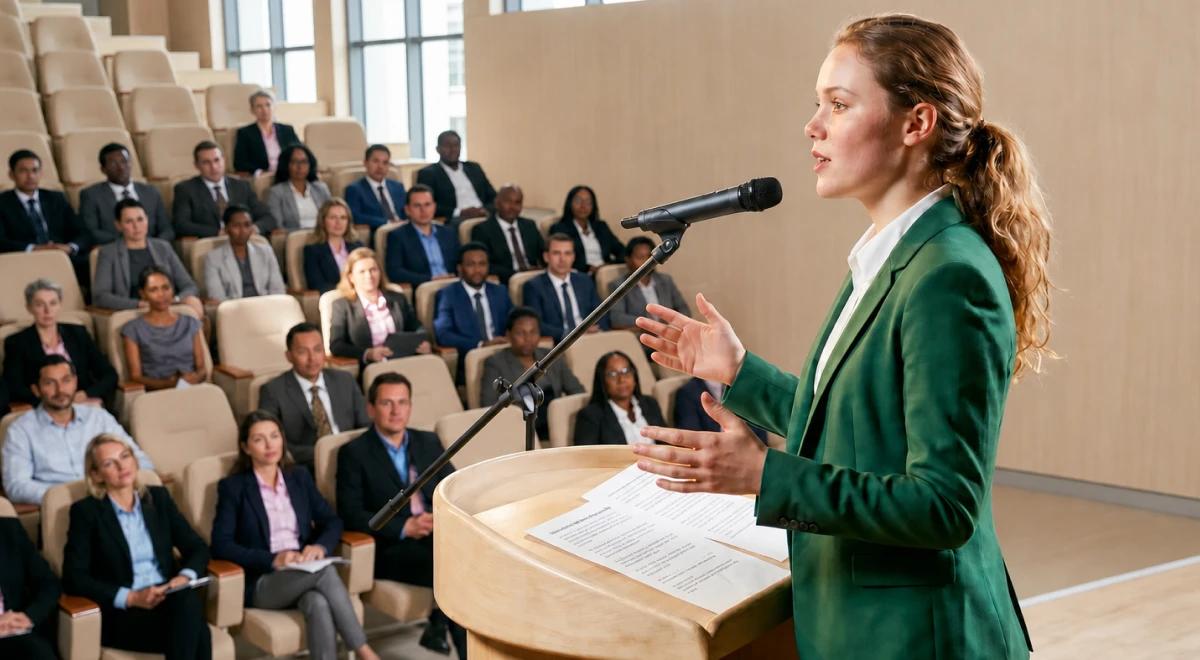 Young woman in a green blazer speaking at a podium with a microphone in front of a seated audience in a conference hall, representing public speaking and professional communication skills