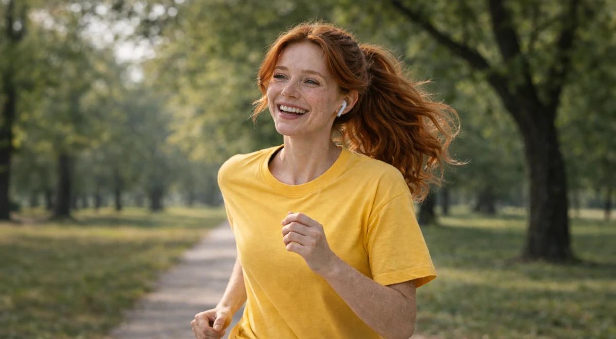 Smiling redhead woman in a yellow t-shirt jogging with earbuds in a green park, supporting dopamine reset and mental well-being through outdoor exercise