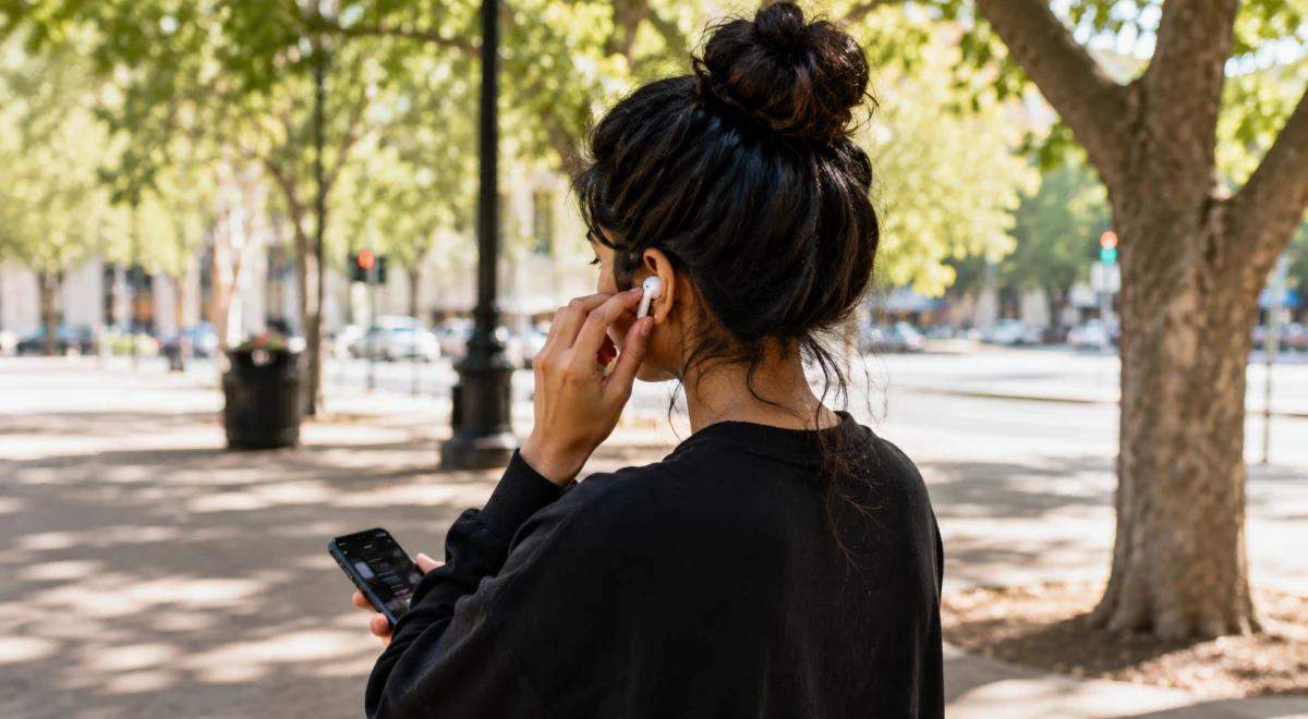 Young woman with hair bun in black top walking outdoors among trees while touching her earphone and holding a smartphone, representing audiobooks as an ADHD reading strategy
