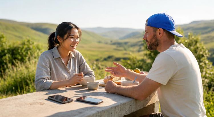 Man and woman having breakfast outdoors with phones face down on the table, choosing conversation over social media in a scenic green valley