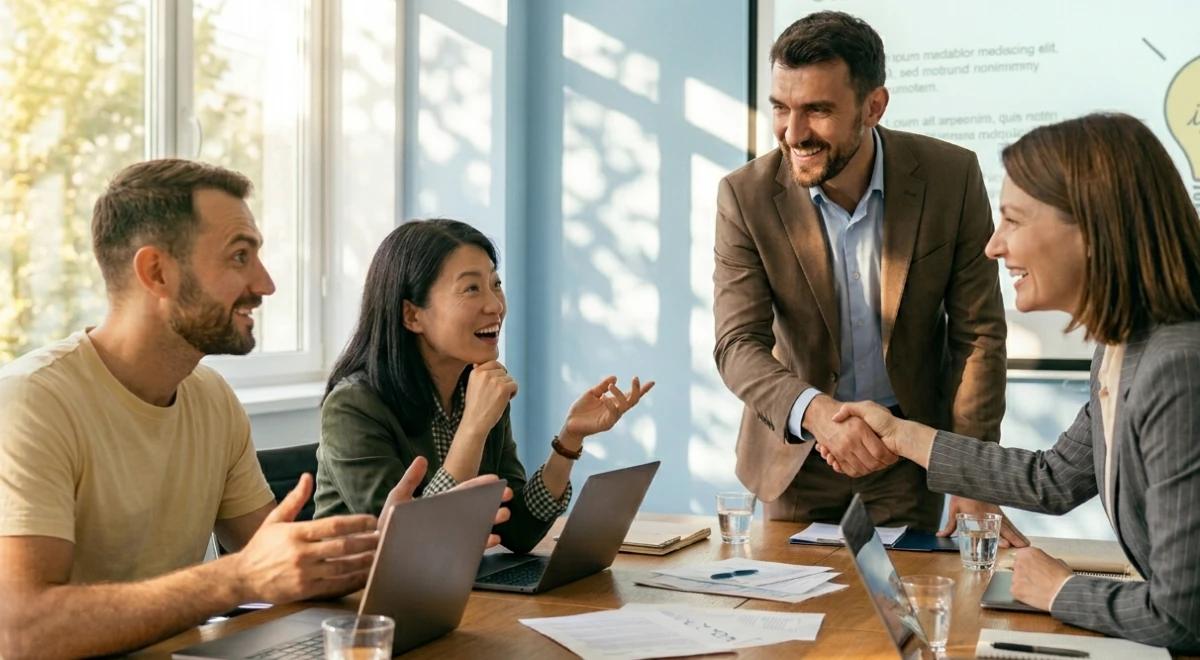 Four diverse colleagues smiling and shaking hands across a conference table with laptops and documents, bright office with presentation screen in background
