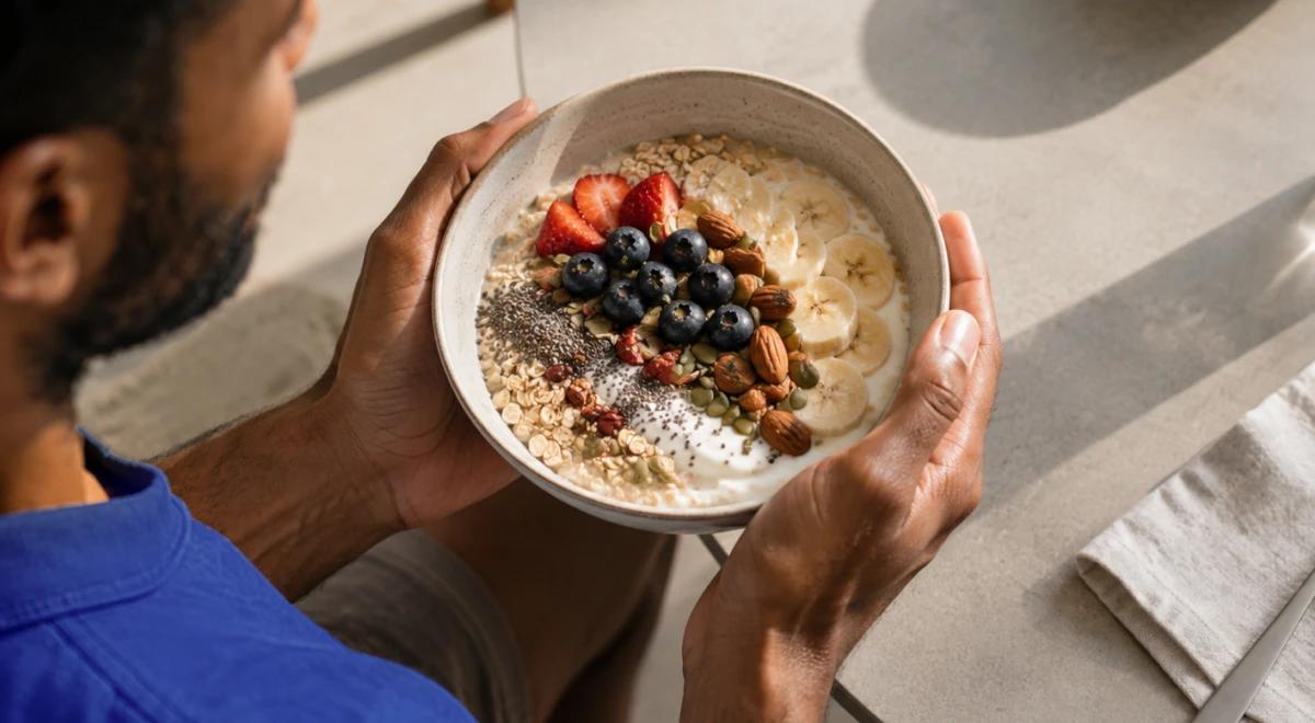 Man holding a bowl of oatmeal topped with fresh berries, blueberries, and strawberries, representing a nutritious breakfast as part of healthy daily changes (1)