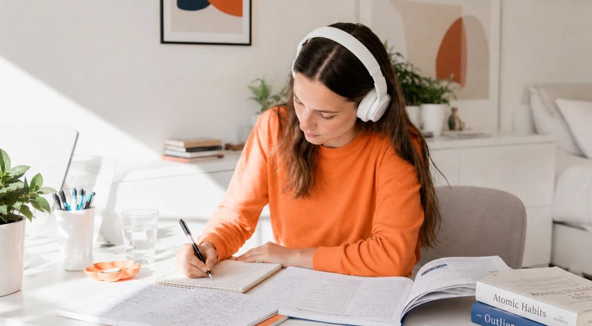 Woman in an orange sweater wearing white headphones taking notes at a desk with Atomic Habits and Outliers books, studying in a bright home workspace