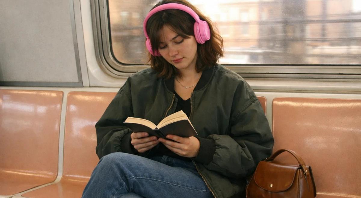 Young woman in a green bomber jacket wearing pink headphones reading a book on a subway, brown bag beside her on orange seats