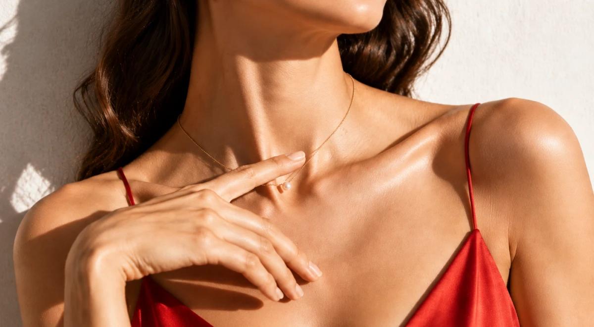 Woman in a red top touching her collarbone with a delicate necklace in warm sunlight, representing lust and physical attraction