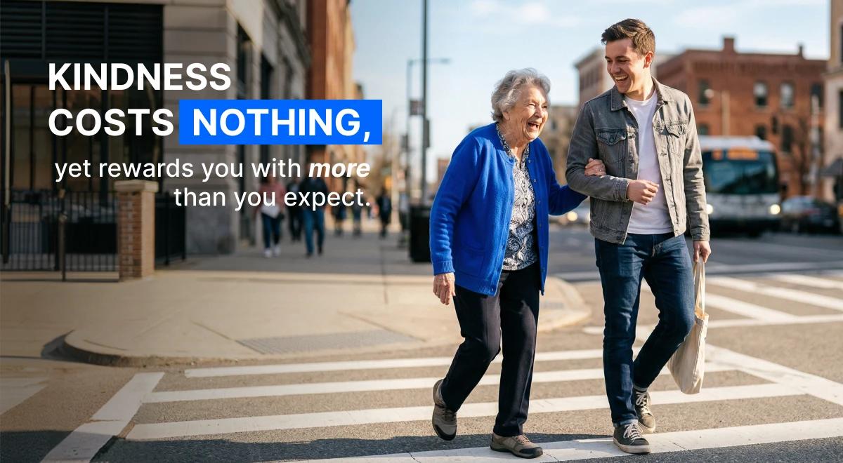 Young man helping an elderly woman cross a city street while smiling, illustrating daily routines of kindness as a life-changing habit in an urban neighborhood setting