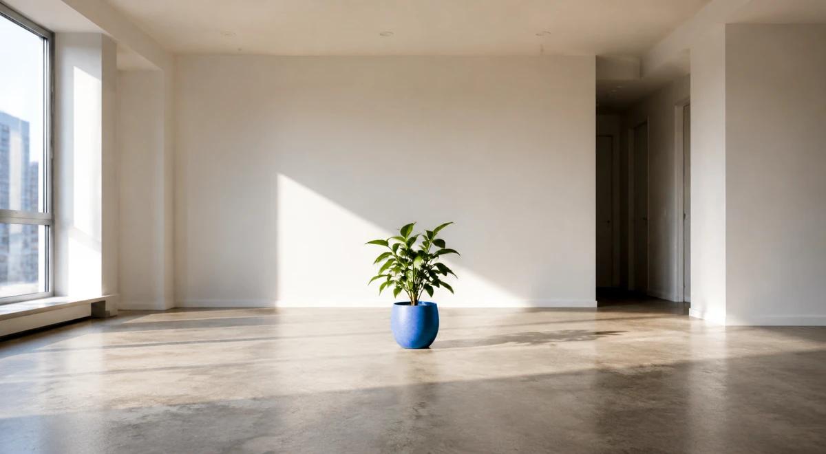 Minimalist empty room with concrete floors, white walls, large windows with natural light, and a single small green plant in a blue pot