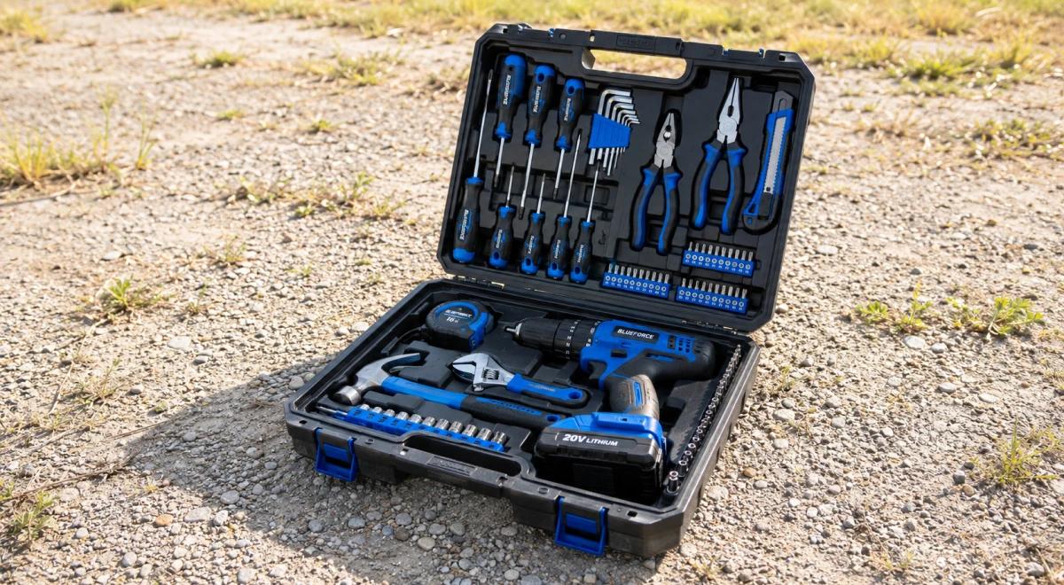 Open blue toolbox with screwdrivers, pliers, and drill on a gravel road, representing practical tools for resolving external conflict situations
