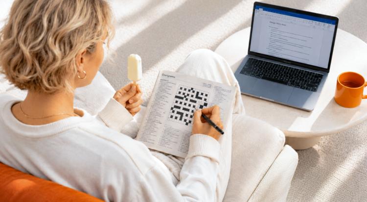Woman procrastinating by solving a crossword and eating ice cream instead of finishing a work document on her laptop, il