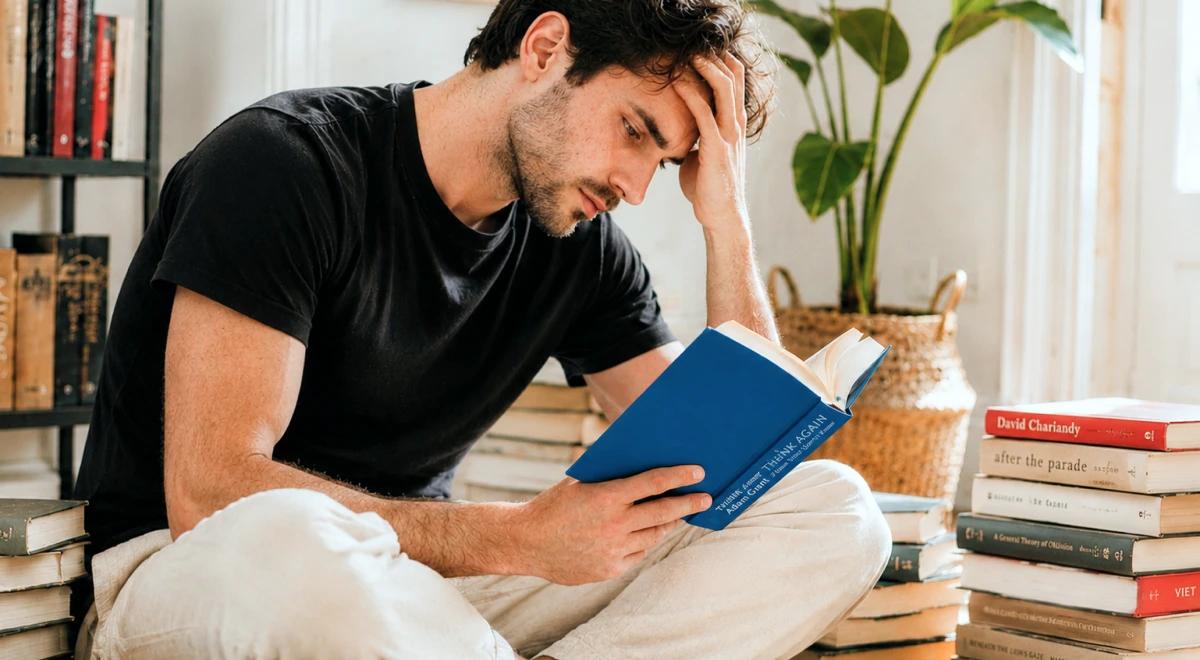 Man in a black t-shirt sitting cross-legged on the floor reading a blue book, with stacks of books beside him and a plant in a bright room