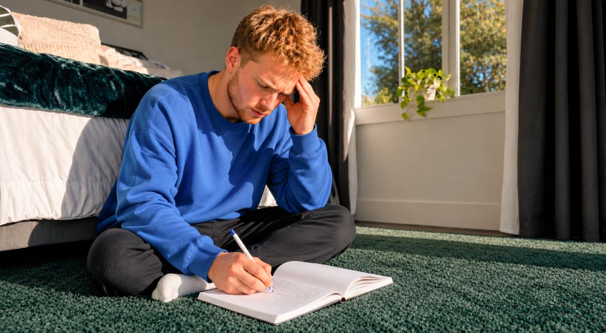 Focused young man in a blue sweatshirt sitting cross-legged on a green carpet writing in a journal beside a bed, exploring how to turn your brain off in a sunlit bedroom