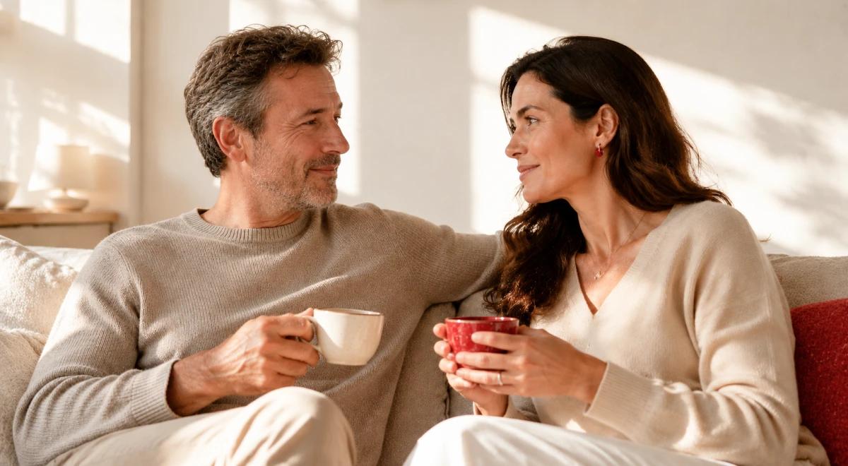 Middle-aged man and woman sitting on a couch holding coffee cups, smiling and talking in a warm sunlit living room, illustrating emotional connection and lusting in a relationship