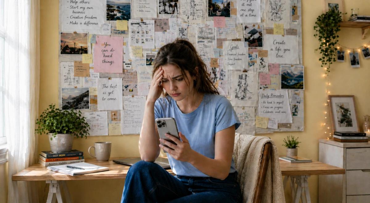 Stressed young woman sitting in front of a vision board, holding her phone with a worried expression, reflecting a moment of self-doubt on the path to personal growth and life control
