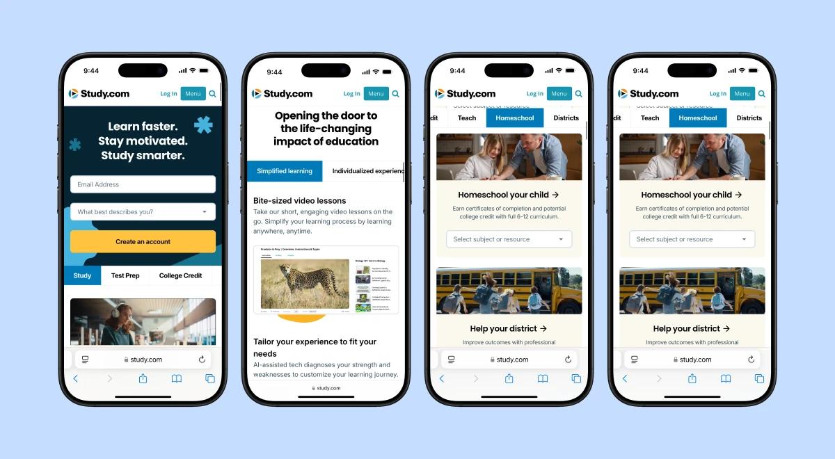 _Four smartphones showing Studycom app screens including sign-up, microlearning video lessons, and homeschool features, arranged on a light blue background