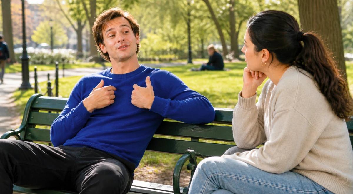 Young man in a blue sweater pointing at himself while talking to a dark-haired woman on a park bench surrounded by green trees