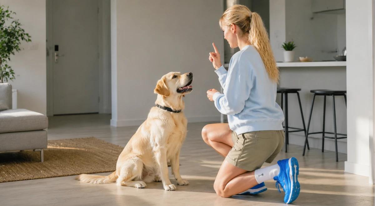 Young blonde woman in a light blue sweatshirt training a golden retriever indoors in a modern bright living space