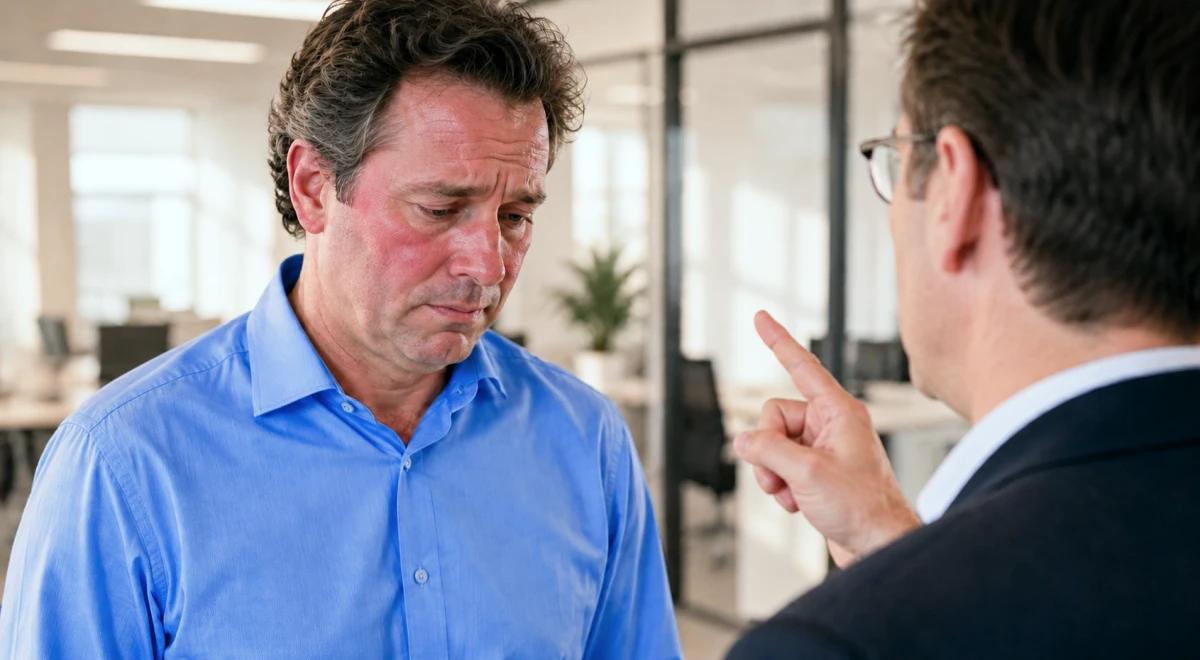 Man in a blue shirt looking down with a concerned expression while another man points at him in an office setting, illustrating anxious attachment