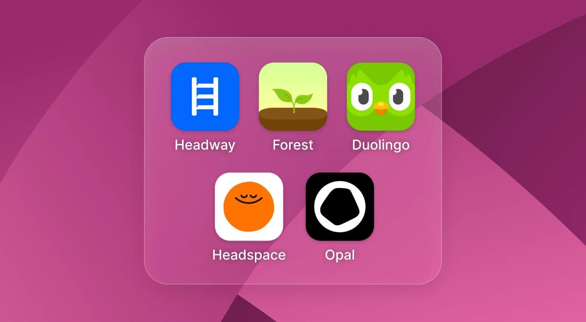 Phone folder with daily growth apps Headway, Forest, Duolingo, Headspace, and Opal on a magenta triangular wallpaper
