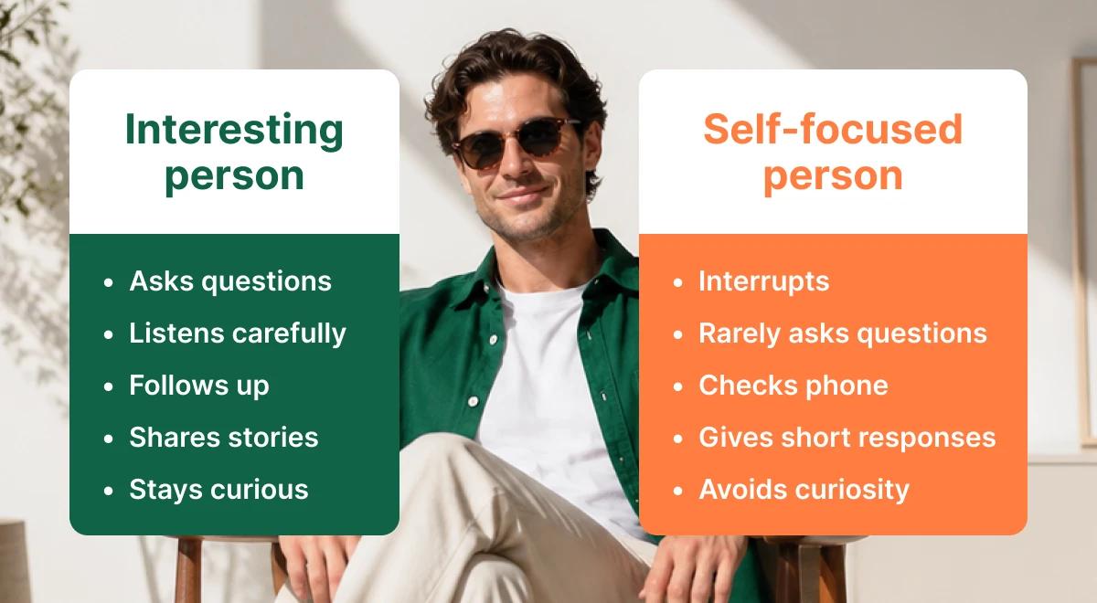 Man in sunglasses and green shirt beside a comparison chart of interesting versus self-focused person traits, illustrating how to talk to anyone through good communication