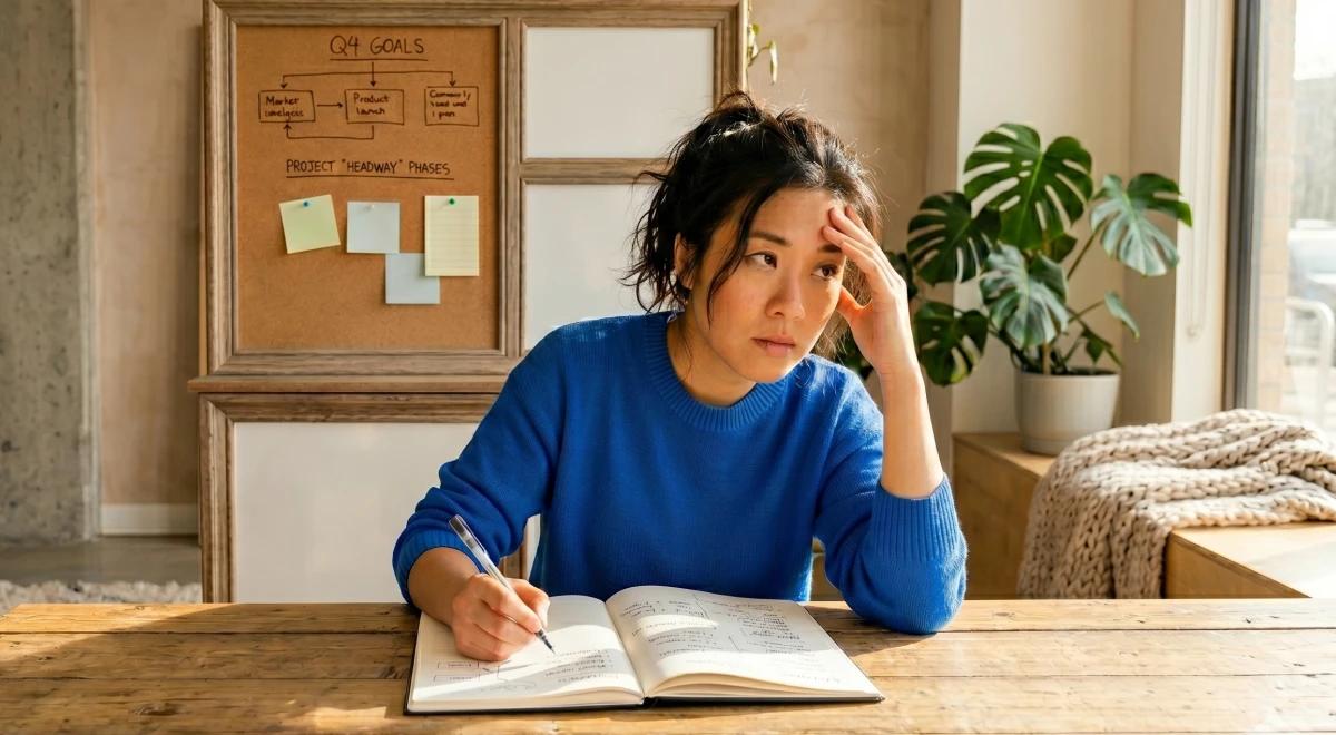Frustrated young woman in a blue sweater sitting at a wooden desk with an open notebook, a cork board with goals and sticky notes on the wall behind her, and a monstera plant nearby